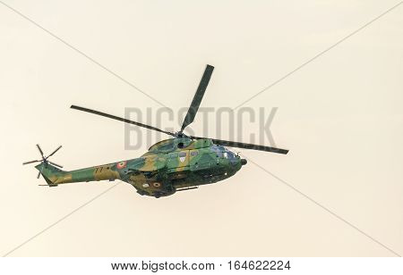 Bucharest, Romania - July 30, 2016. Iar Puma Elicopter Flying In The Sky, Stunt Aerobatic