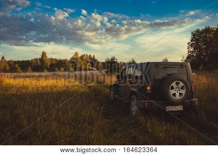 Novgorod oblast, Russia, August 15, 2014, off-road expedition in Karelia on the Jeep Wrangler, the Jeep Wrangler is a compact four wheel drive off road and sport utility vehicle