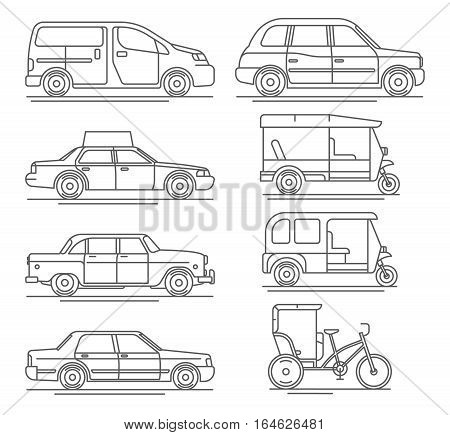 Trendy linear transport icons featuring common and exotic vehicles for hire such as taxicab, London hackney carriage cab, indian baby taxi and oriental tuk-tuk rickshaw. Thin line taxi icons