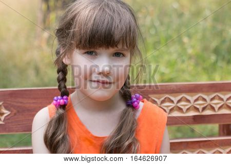 Happy pretty little girl sits on wooden beanch at summer day shallow dof