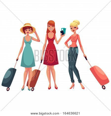 hree girls, dress and jeans, travelling together with suitcases, one holding tickets, another wearing backpack, cartoon illustration isolated on white background. Young women with luggage, suitcases