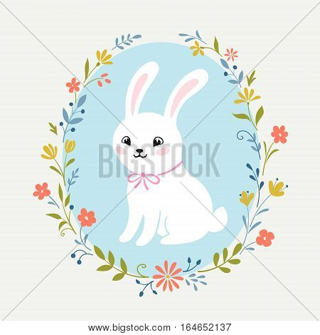 Easter greetingcard with cute white rabbit and floral wreath.
