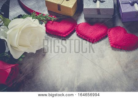 Love Concept Valentine's Day Background,red Heart With Red White Rose ,ribbon