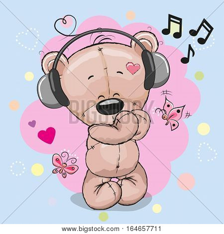 Cute cartoon Teddy Bear with headphones and hearts