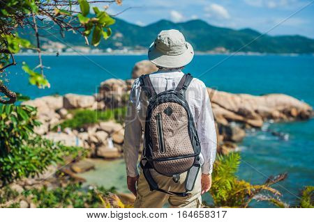 Man Traveler Look At Hon Chong Cape, Garden Stone, Popular Tourist Destinations At Nha Trang. Vietna