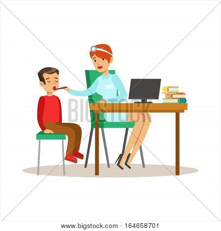 Boy On Medical Check-Up With Female Pediatrician Doctor Doing Physical Examination With Computer For The Pre-School Health Inspection. Young Child On Medical Appointment Checking General Physical Condition Illustration.
