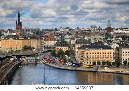 STOCKHOLM SWEDEN - AUGUST 20 2016: Aerial view of Stockholm from Great lookout point Katarinahissen built 1883. (Katarina Elevator) in Stockholm Sweden on August 20 2016.