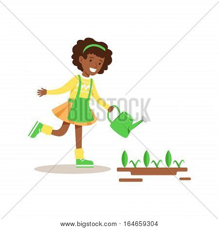 Girl Watering Sprouts Helping In Eco-Friendly Gardening Outdoors Part Of Kids And Nature Series. Happy Child Interacting With Nature And Participating In Garden Clean-up Procedures Vector Illustration.