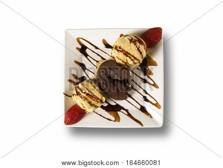 Petit Gateau Dessert With Ice Cream And Strawberry In White Background