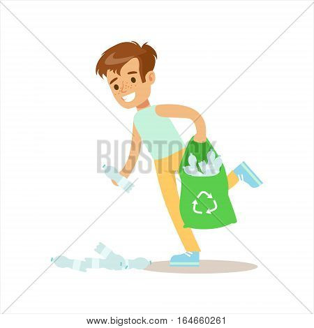 Boy Picking Up Recycle Plastic Bottles Helping In Eco-Friendly Gardening Outdoors Part Of Kids And Nature Series. Happy Child Interacting With Nature And Participating In Garden Clean-up Procedures Vector Illustration.