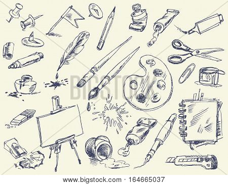 Office supplies. Products for Artists. Art supplies. Hand-drawn. Vector version of raster image