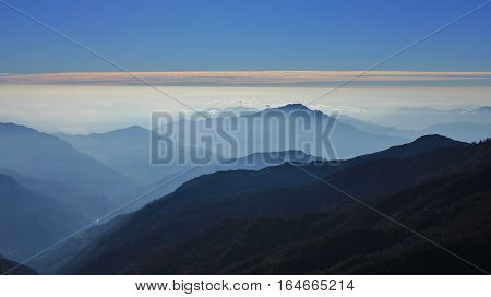 View from Mohare Danda Annapurna Conservation Area Nepal. Hills near Pokhara on a fogy day.