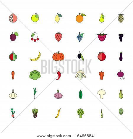 Colorful set fruits and vegatables icons on white, stock vector illustration