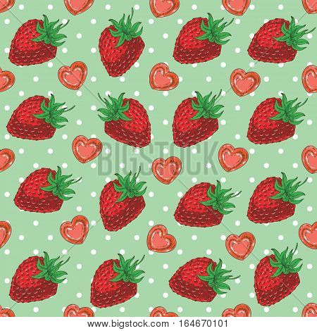 Seamless vector Pattern with Ripe Red Strawberries and Hearts on a Green Background with White Dots