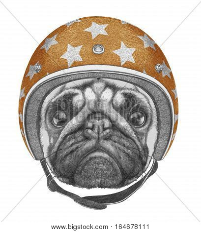 Portrait of Pug Dog with Helmet. Hand drawn illustration.