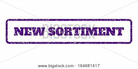 Indigo Blue rubber seal stamp with New Sortiment text. Vector caption inside rounded rectangular frame. Grunge design and dirty texture for watermark labels. Horisontal emblem on a white background.