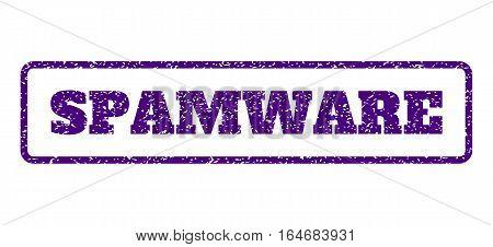 Indigo Blue rubber seal stamp with Spamware text. Vector message inside rounded rectangular frame. Grunge design and dust texture for watermark labels. Horisontal sign on a white background.