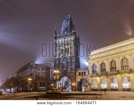 PRAGUE CZECH REPUBLIC - JANUARY 8 2017: Winter view of The Powder Tower and the Municipal House at the Republic Square in Prague. The Old Town is famous destination in Prague.