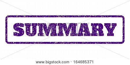 Indigo Blue rubber seal stamp with Summary text. Vector caption inside rounded rectangular shape. Grunge design and unclean texture for watermark labels. Horisontal sticker on a white background.