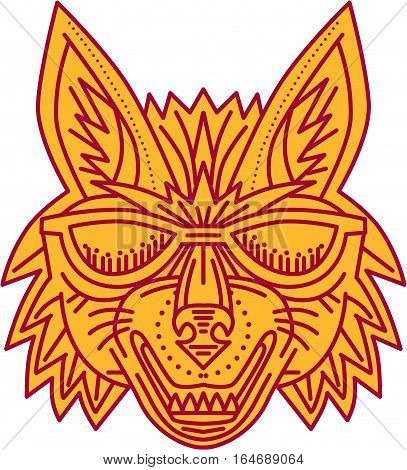 Mono line style illustration of a coyote wolf head wearing sunglasses smiling viewed from front set on isolated white background.