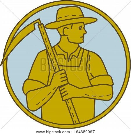 Mono line style illustration of an organic farmer farm worker holding scythe looking to the side set inside circle on isolated background.