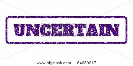Indigo Blue rubber seal stamp with Uncertain text. Vector caption inside rounded rectangular banner. Grunge design and dirty texture for watermark labels. Horisontal sticker on a white background.