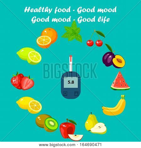 Very high quality original trendy vector flat illustration Blood test or glaucometer, glucose meter with healty food