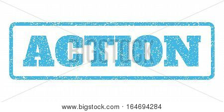 Light Blue rubber seal stamp with Action text. Vector message inside rounded rectangular banner. Grunge design and scratched texture for watermark labels. Horisontal sticker on a white background.