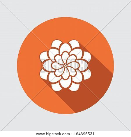 Flower icon. Dahlia, aster, daisy, chrysanthemum, gowan. Summer, autumn floral symbol. Round green flat sign with long shadow. Vector isolated.