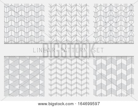 Collection of linear black and white geometric pattern textures. Seamless repeating monochrome texture set. Set of 6 backgrounds.