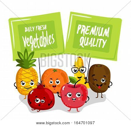 Cute fruit cartoon characters isolated on white background vector illustration. Funny pineapple, orange, cherry, pomegranate, banana, kiwi with banner. Happy smile emoticon face, comical fruit mascot