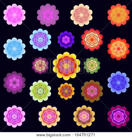 Templates of bright colored stylized flowers on a black background for the site post cards letters. Vector illustration