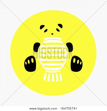 Cute panda icon holding paper lantern on yellow background.