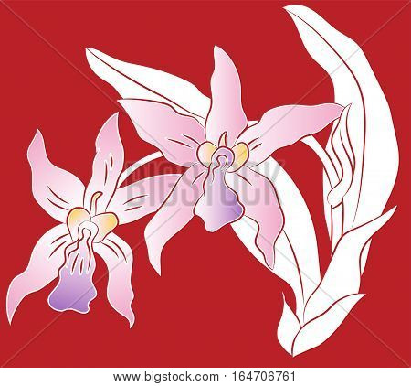 Branch of orchid flower with green leaves, Paper cut Illustration