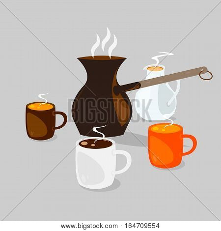 Three coffee cups with hot coffee with cream and coffee pot