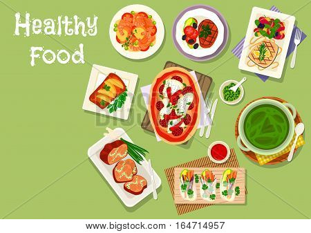 lunch meal dishes icon of pizza with salami and chilli, vegetarian spring rolls with feta, baked fish and pork steak with vegetables, cheese bread, salmon with berry sauce, shrimp stew, nettle soup
