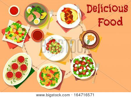 Snack and salad dishes icon with shrimp and fruit salad, stuffed pasta with tomato sauce, avocado salads with tuna, egg and pear, tomato feta salad, cauliflower cream soup and mashed potato with beef
