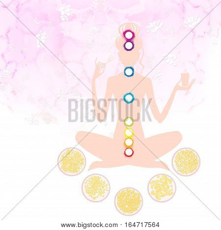 Silhouette of a girl in lotus pose with a fork and a glass in her hand surrounded by plates of food grain on a white background