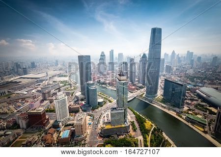 aerial view of tianjin cityscape of haihe river with skyscrapers