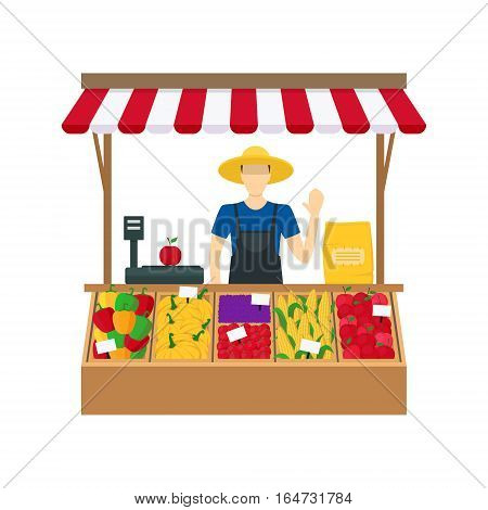 Cartoon Farmer Vegetable Seller at the Counter Organic Food Farm Flat Design Style. Vector illustration