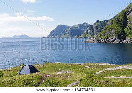 Camping on the coast of Moskenes in the Lofoten Islands Norway Europe
