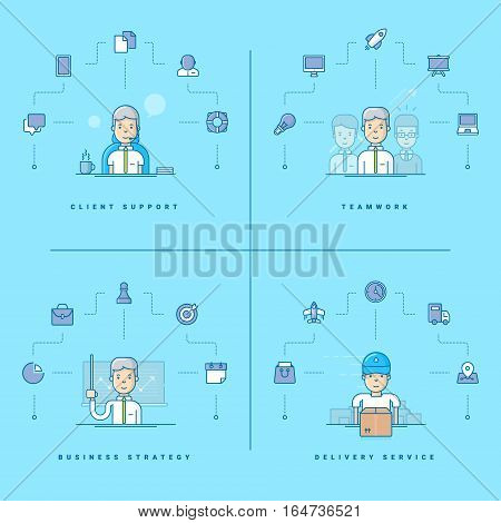 Client support. Teamwork. Business strategy. Delivery service. Set of vector illustrations with flat line icons and cartoon characters