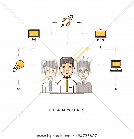 Teamwork. Three cartoon characters standing. Vector illustration with flat line icons