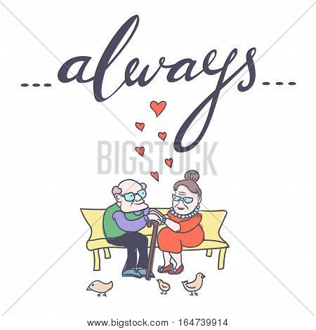 Cute Valentines Day card with lovely and happy senior couple and hand-lettered word 