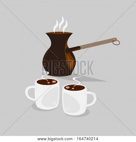 Coffe pot with two cups of black hot coffee