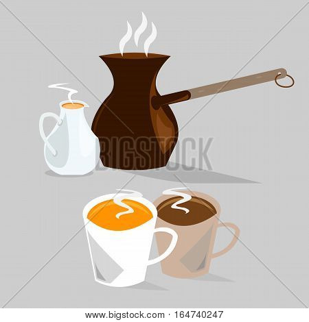 Two cups of hot coffee with coffee pot and milk pot