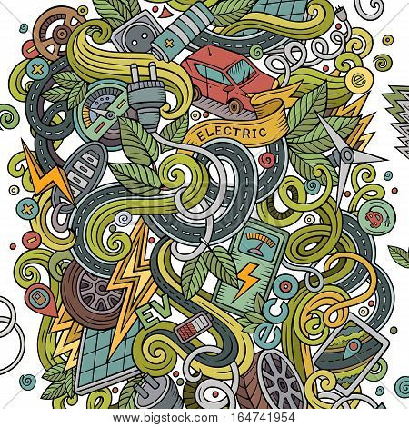 Cartoon cute doodles hand drawn Electric cars illustration. Colorful detailed, with lots of objects background. Funny vector artwork. Bright colors picture with eco vehicles theme items
