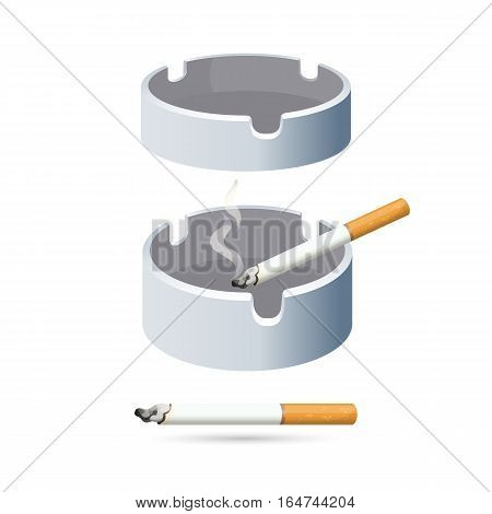 Two cigarettes and ashtrays isolated on white background. Round low things for shaking off ash during smoking process. Vector illustration of things for smoking and plates for gathering dust.