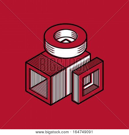 3D Abstract Isometric Construction, Vector Polygonal Shape.