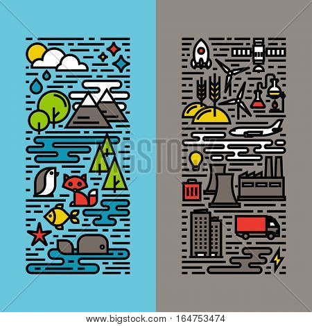 Green, ecology and environment flat line icons set